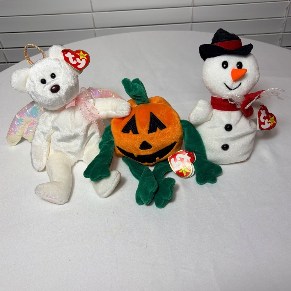 Ty Beanie Babies Lot Halo Angel Bear Snowball Snowman Pumkin Pumpkin Vintage 90s